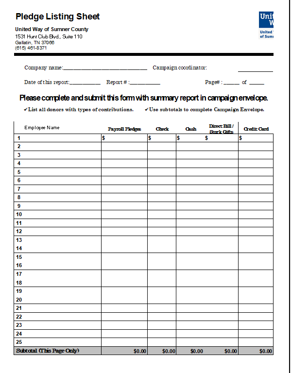 Pledge Listing Sheet Spreadsheet file