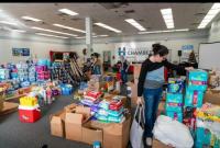 volunteers sorting supplies at Disaster Headquarters