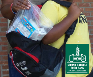 kid with Second Harvest food backpack