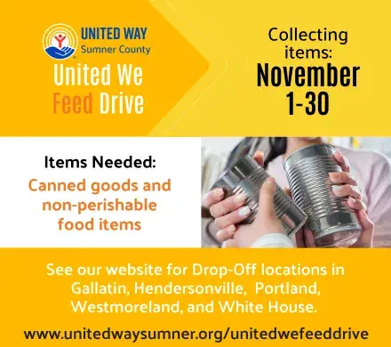 United We Feed graphic showing cans being passed and event info