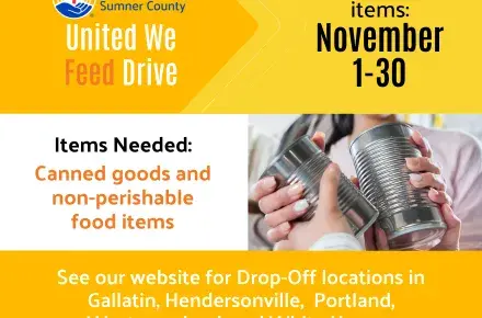 United We Feed graphic showing cans being passed and event info