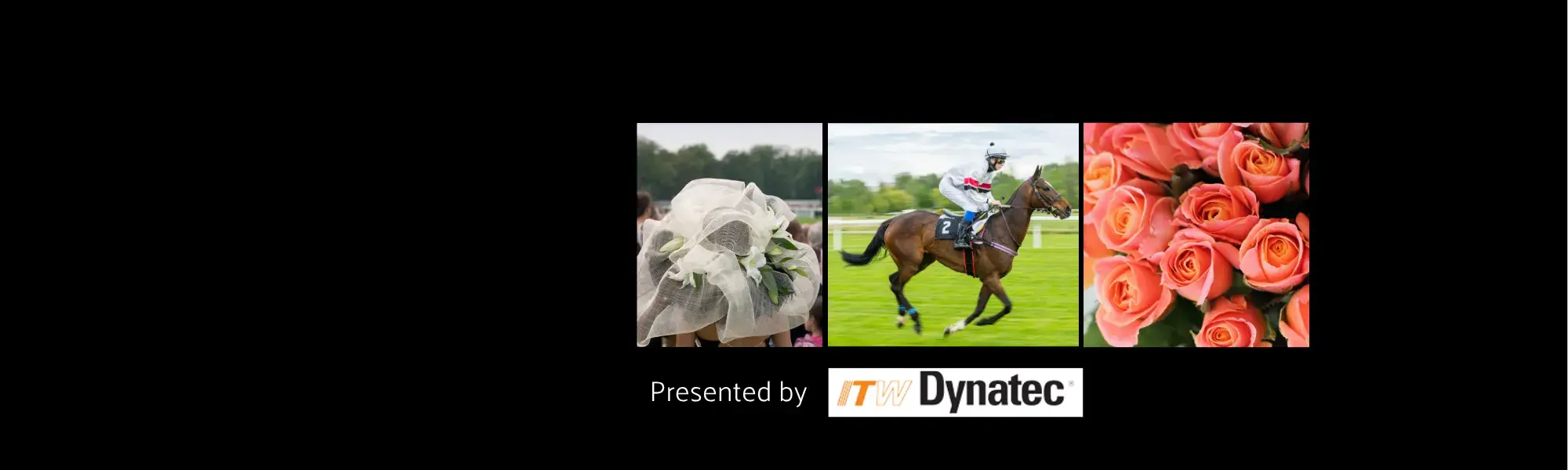 picture of woman in hat, jockey on horse, and coral roses