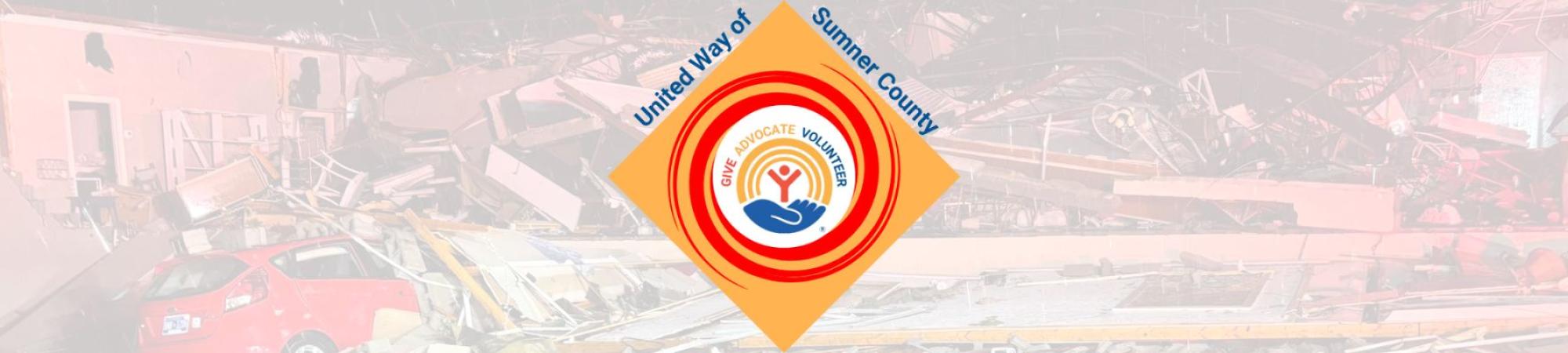 UWSC Disaster relief logo with phot and white overlay