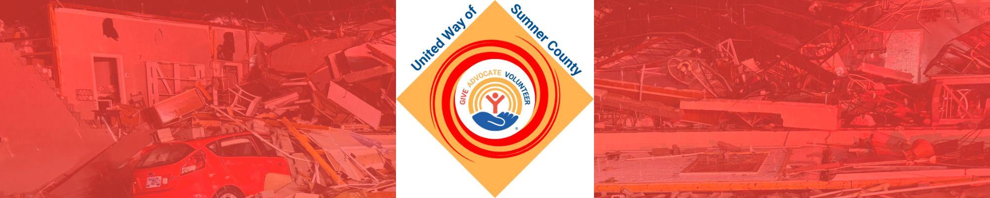 UWSC Disaster Relief hub logo tornado damage photo with red overlay